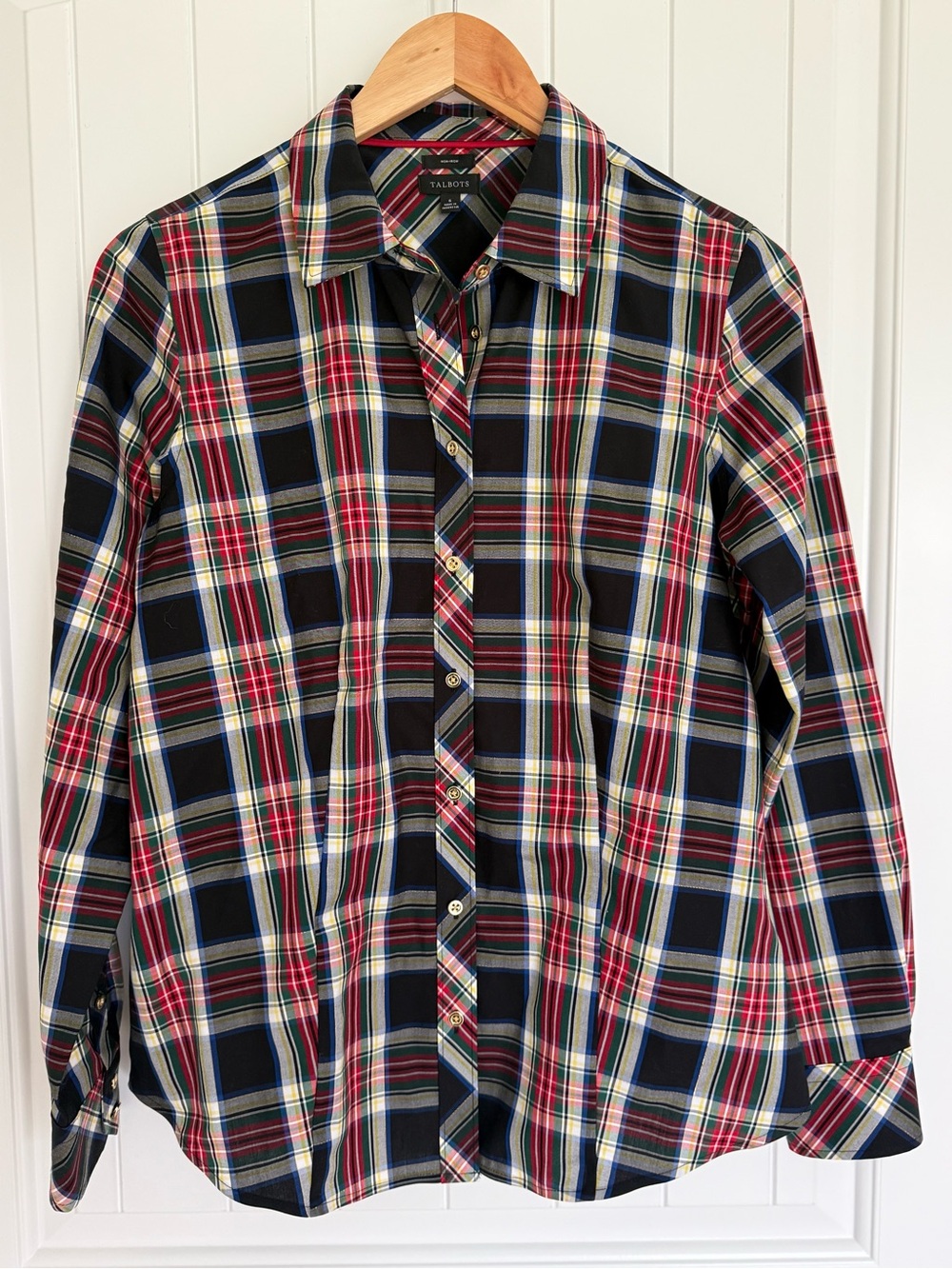 Talbots Black Red Green Plaid Button Down Shirt Long Sleeve Cotton Tartan Preppy